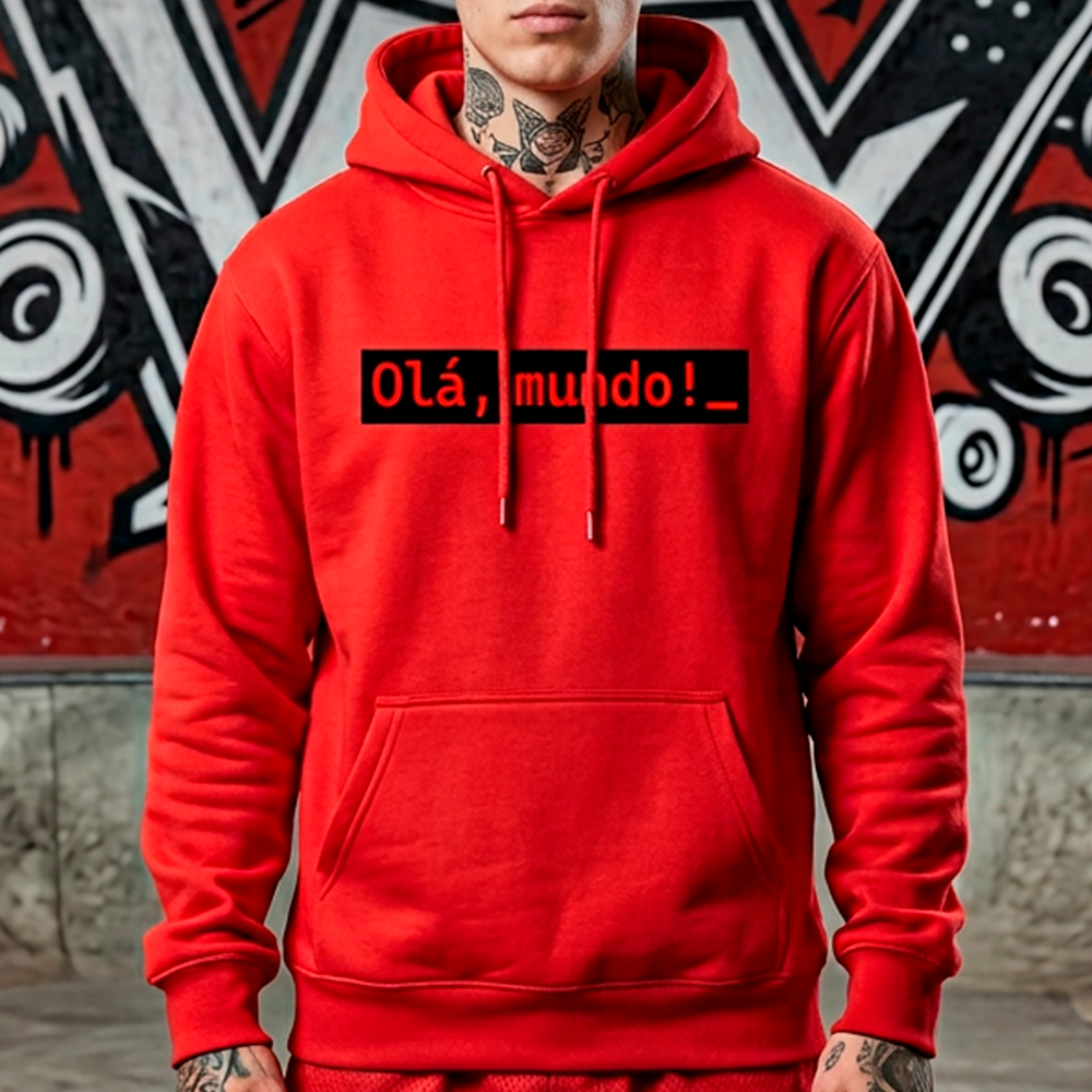 Moletom Vermelho Rot com capuz e estampa Olá mundo_