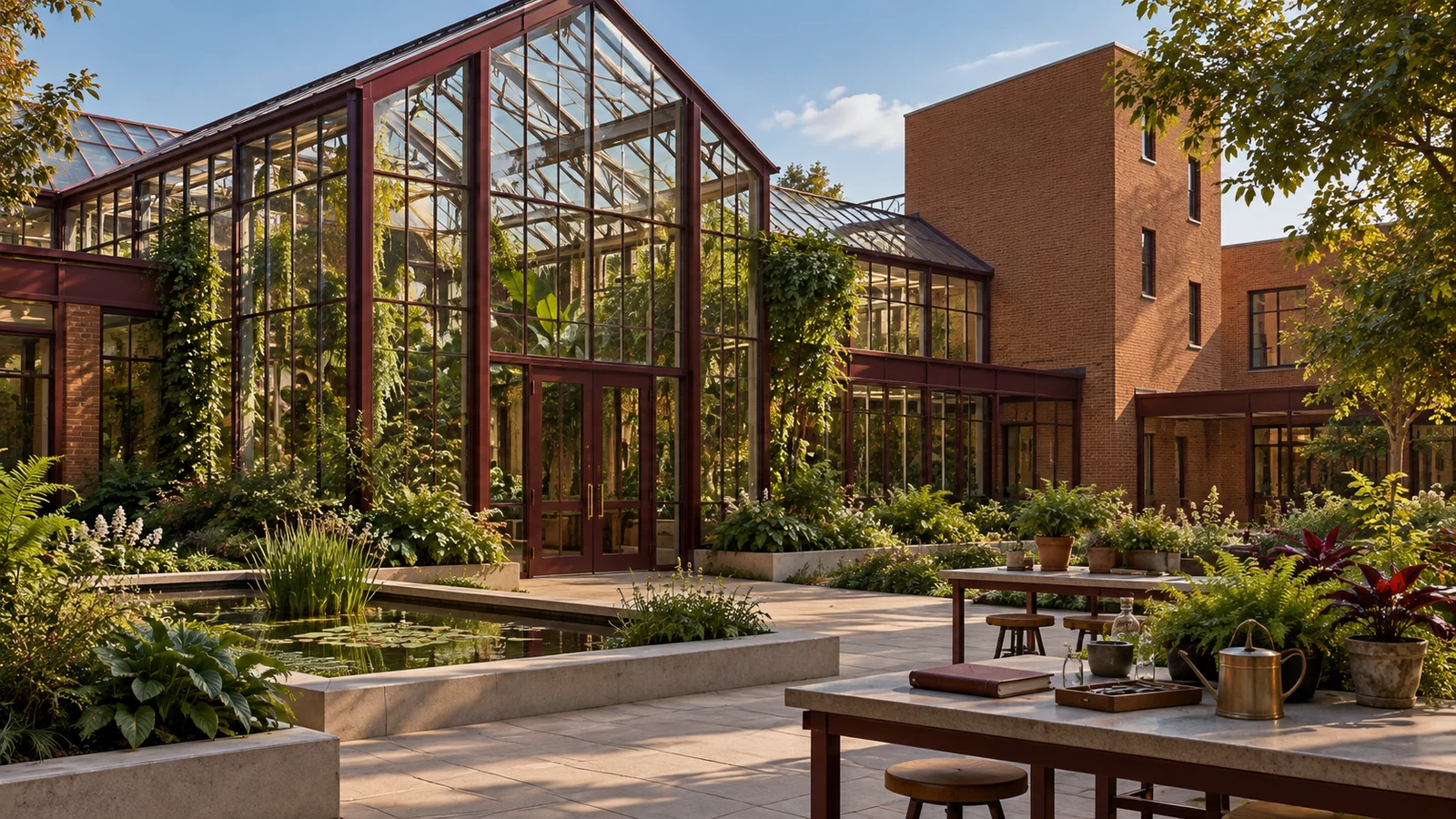 Jardim experimental e estufa de vidro da Sigma Lattice, integrados ao campus de tijolos
