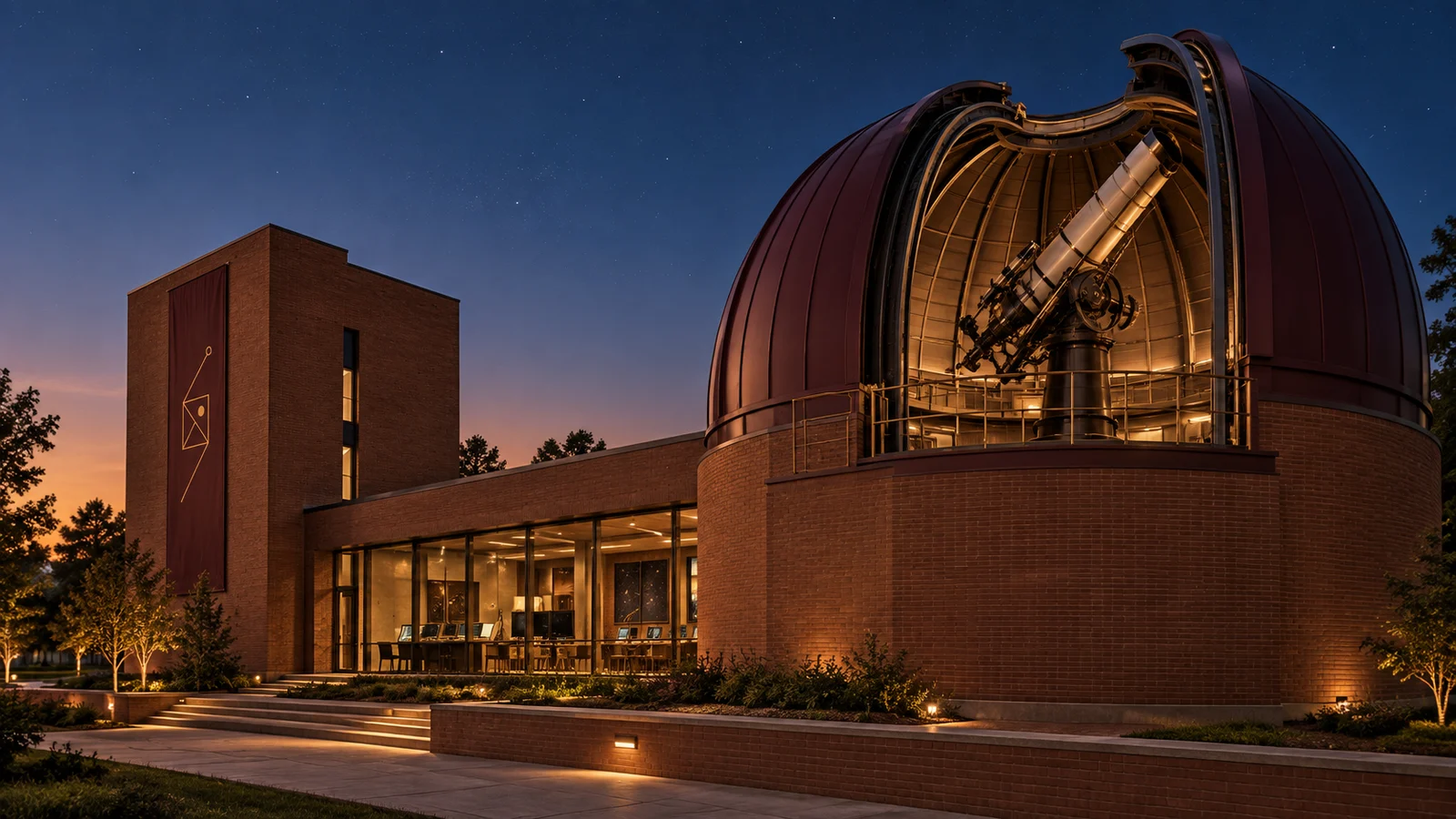 Observatório com cúpula vinho, telescópio e arquitetura de tijolos ao anoitecer