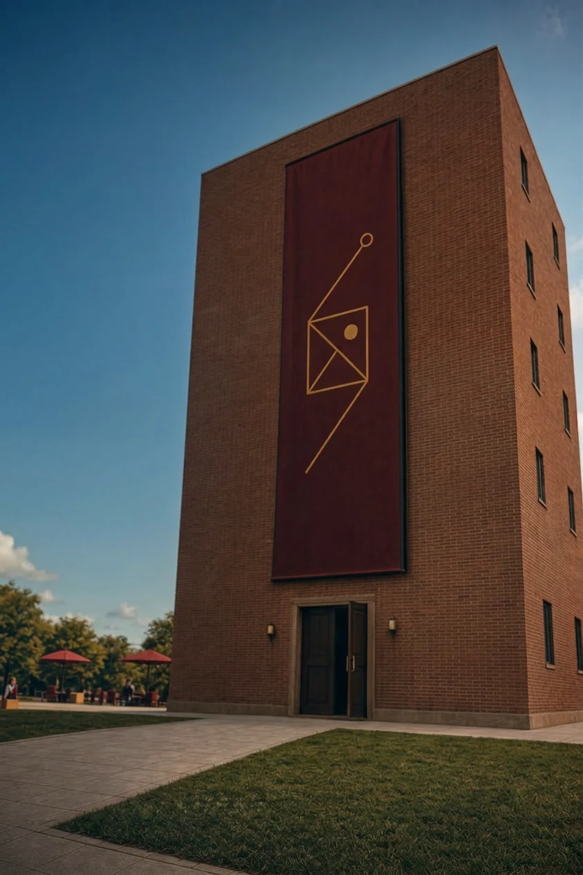 Sede de tijolos da Sigma Lattice, com um grande estandarte vinho e o símbolo da instituição